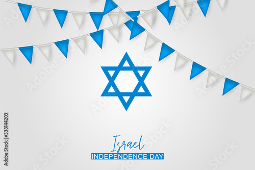 Israel Independence Day. National holiday design template. Israeli symbolics banner or flyer with blue and white flag colors bunting garland. Vector illustration.