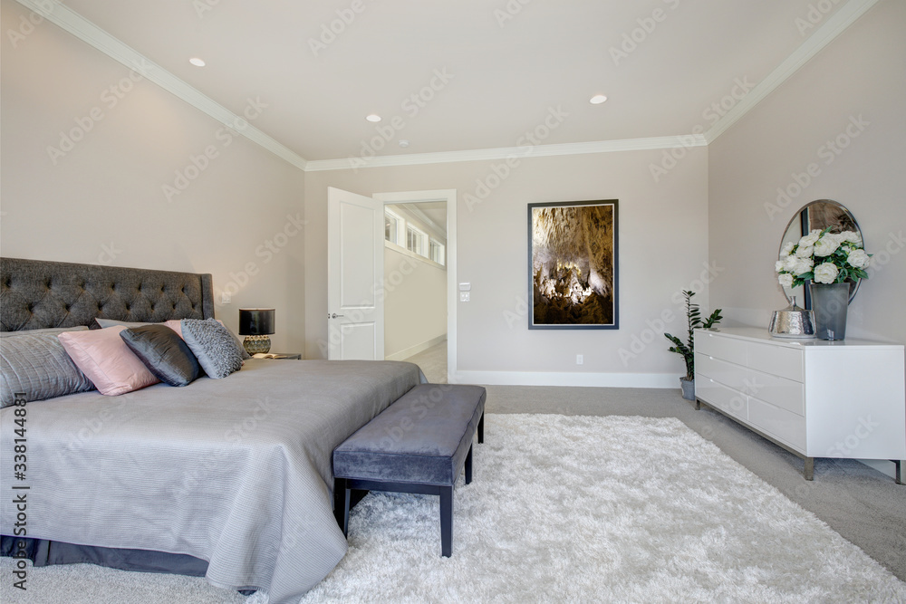 Fototapeta premium Master bedroom interior with king size bed. Luxury American modern home.