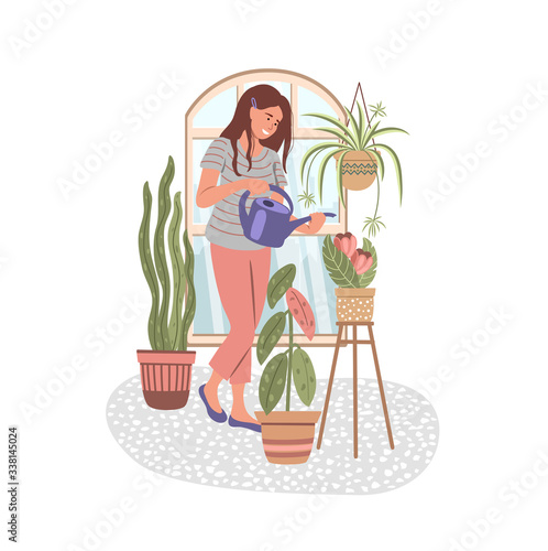 Smiling woman holds a watering can and watering flowers at home on the window background. Indoor gardening or plant growing. Virus quarantine concept. Happy people at home. Vector flat illustration 