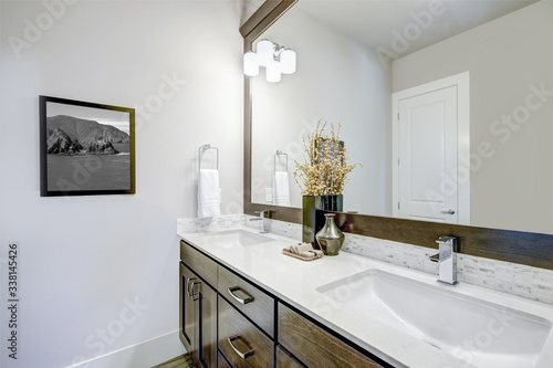 Lovely bathroom with dark brown vanity cabinet. Luxury American modern home.