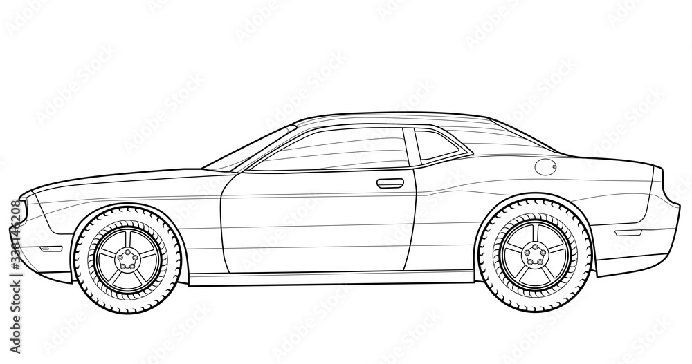 Vehicle graphic Adult coloring book, paper page and drawing. Auto vector illustration. Drive vehicle. Graphic element. Car wheel. Black contour sketch illustrate Isolated on white background.