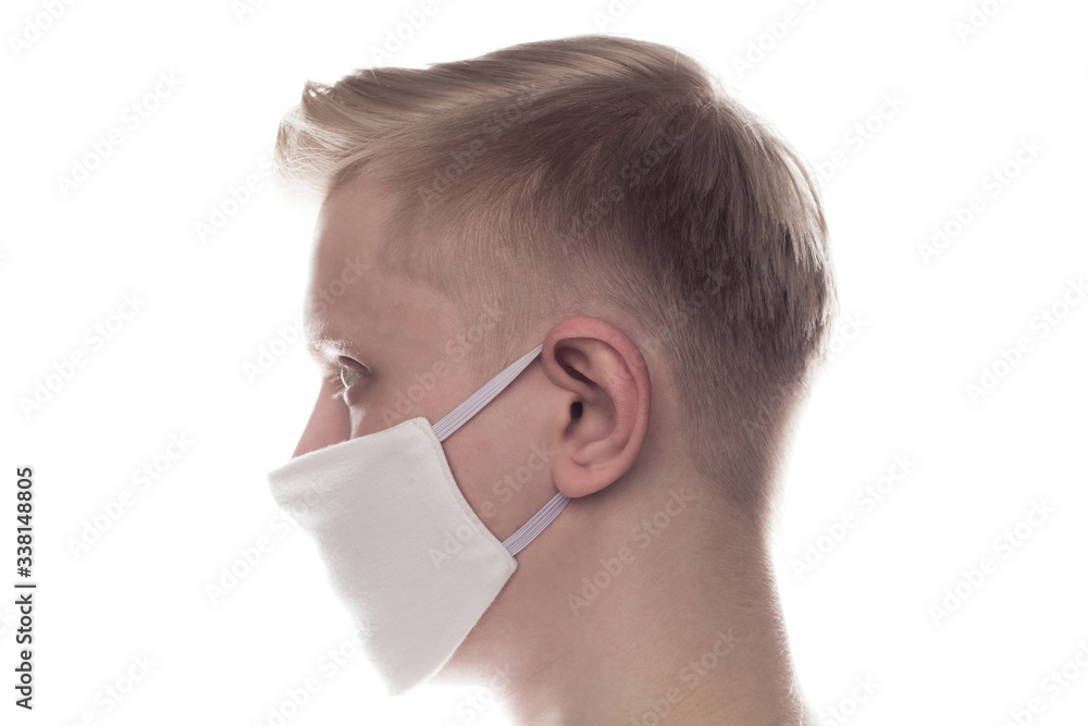 Man wearing face protective mask on face against Coronavirus isolated on white. Man wearing face protective mask on face against Coronavirus isolated on white.