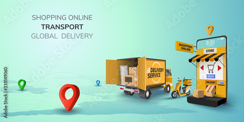 Digital Online Shop Global logistic Truck Van Scooter Black Yellow Delivery on phone, mobile website background. concept for location shopping food shipping box. 3D vector Illustration. copy space