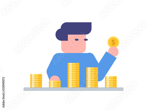 Multiple income stream. Different sources of passive income. Man with stack of coins. Stable income. Donation, monetization.