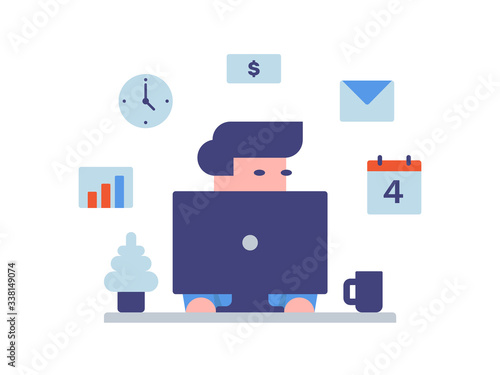 Remote work from home vector illustration. Online education. Freelancer working at home, online studying at computer.