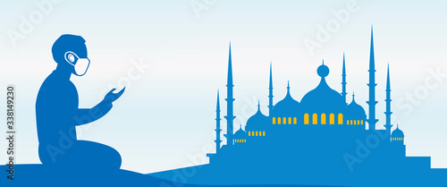   Ramadan conceps protective surgical mask a man praying  in front of mosque coronavirus (COVID-19) Concepts vector