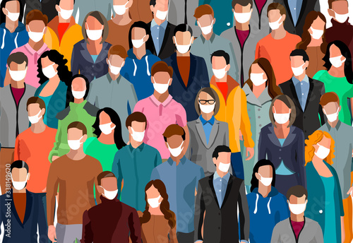 Group of people wearing medical masks to prevent disease  flu  air pollution  contaminated air  world pollution. Vector illustration in a flat style