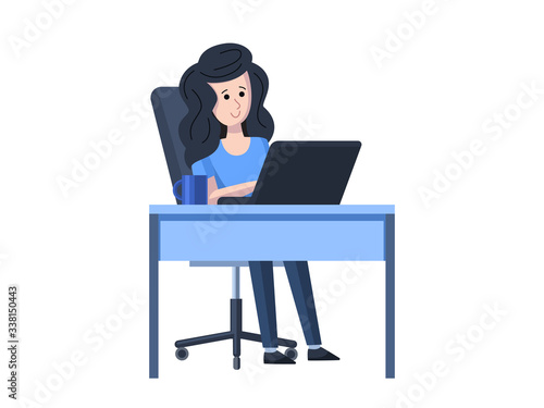 The girl works at a laptop. Remote work from home. Isolated on white background.