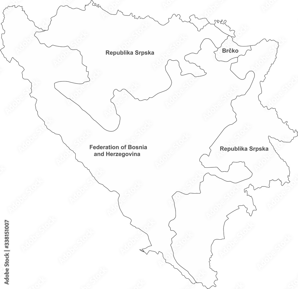 Bosnia and Herzegovina map provinces with name labels. White background.