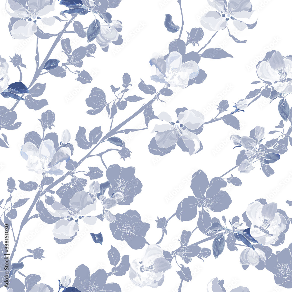 Blue monochrome seamless floral pattern of spring bloom branch with flowers cherry or apple, buds, leaves on white background. Blooming tree twigs sakura.Hand drawn.Vintage. Vector stock illustration. Blue monochrome seamless floral pattern of spring bloom branch with flowers cherry or apple, buds, leaves on white background. Blooming tree twigs sakura.Hand drawn.Vintage. Vector stock illustration.