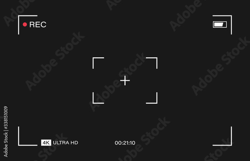 Camera horizontal viewfinder template on black background. 4K phone resolution video rec frame. Video recording screen. Vector graphic design