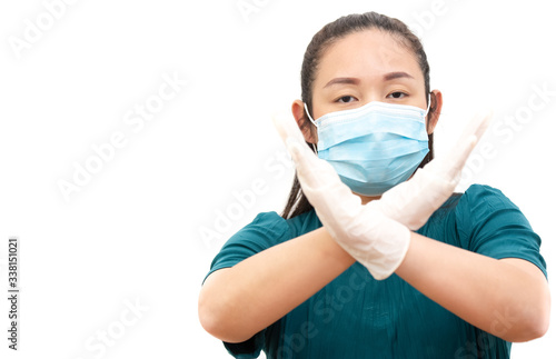 The image face  of a young Asian woman wearing a mask to prevent germs  toxic fumes  and dust. Prevention of bacterial infection in the air in a white background