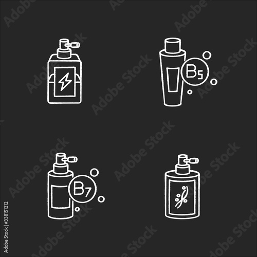 Hair oils chalk white icons set on black background. Exotic baobab fruit extract. Macadamia nuts for haircare. Kalahari melon cosmetic product. Isolated vector chalkboard illustrations