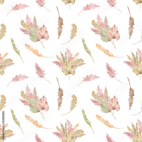Photography Watercolor seamless tropical pattern with exotic palm leaves and pampas grass