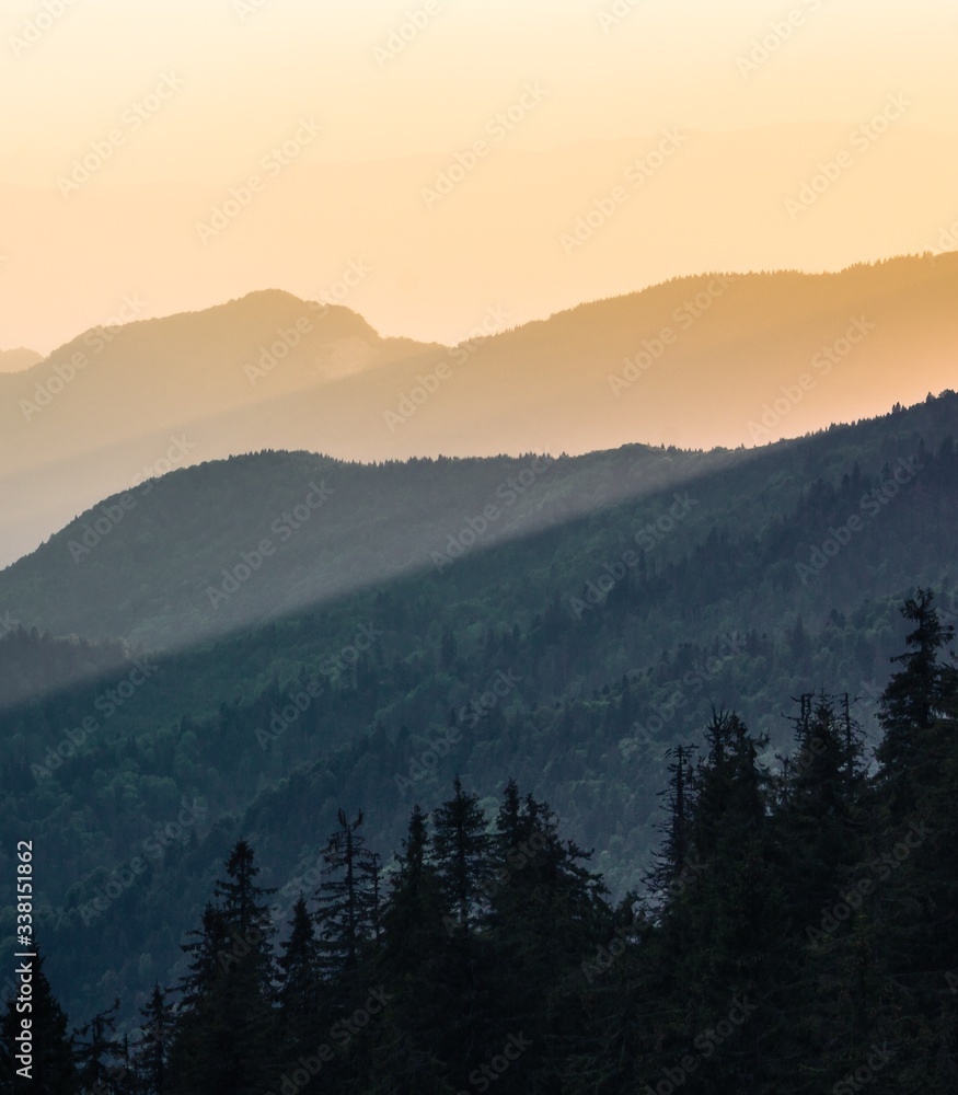 vertical summer sunrise landscape, stunning morning dawn, Carpathian mountains hills and wonderful morning sky, picturesque amazing nature image, Europe, Ukraine - Romania, Marmarosy
