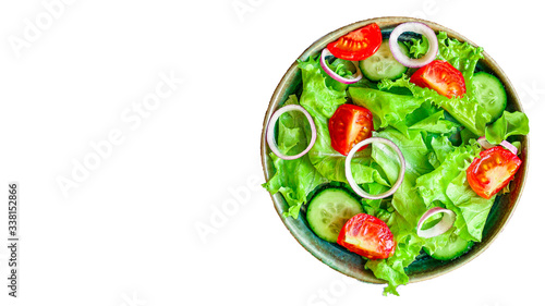  Healthy salad, leaves mix salad (mix micro greens, cucumber, tomato, onion, other ingredients). food background. copy space for text