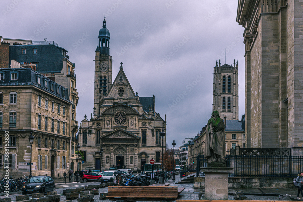Church of Saint Etienne du Mont, cinematografic and vintage style, drmatic clouds and sad day