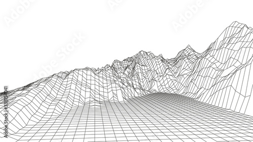 Wireframe landscape wire.3D grid technology illustration landscape. Data Array. Cyberspace landscape grid. Vector illustration.