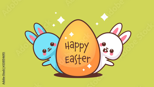 cute rabbits with egg happy easter bunnies sticker spring holiday concept horizontal greeting card vector illustration