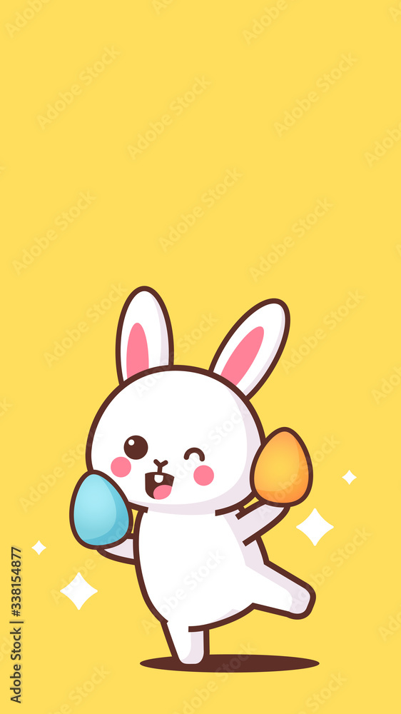 Obraz premium cute rabbit holding eggs happy easter bunny sticker spring holiday concept vertical greeting card vector illustration