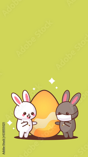 cute rabbits near egg wearing face mask to prevent coronavirus happy easter bunny sticker spring holiday concept vertical greeting card vector illustration