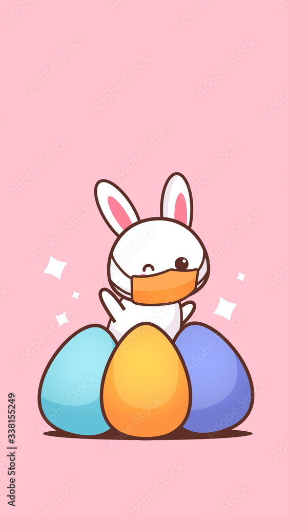 cute rabbit near eggs wearing face mask to prevent coronavirus happy easter bunny sticker spring holiday concept vertical greeting card vector illustration cute rabbit near eggs wearing face mask to prevent coronavirus happy easter bunny sticker spring holiday concept vertical greeting card vector illustration