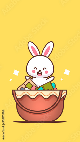cute rabbit sitting in basket with eggs happy easter bunny sticker spring holiday concept vertical greeting card vector illustration