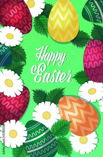 happy easter template with colorful eggs and flowers spring holiday lettering greeting card vertical vector illustration
