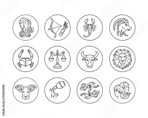 Zodiac signs black line icons set. Astrology. Horoscope. All zodiac signs and elements. Predictions and human character. UI UX GUI design element. Editable stroke.