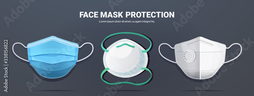 set antiviral medical face masks protection against coronavirus prevention of virus spreading pandemic covid-19 copy space horizontal vector illustration