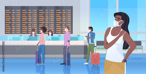 mix race travelers with baggage wearing masks to prevent coronavirus covid-19 pandemic waiting hall or departure lounge modern airport terminal interior horizontal vector illustration