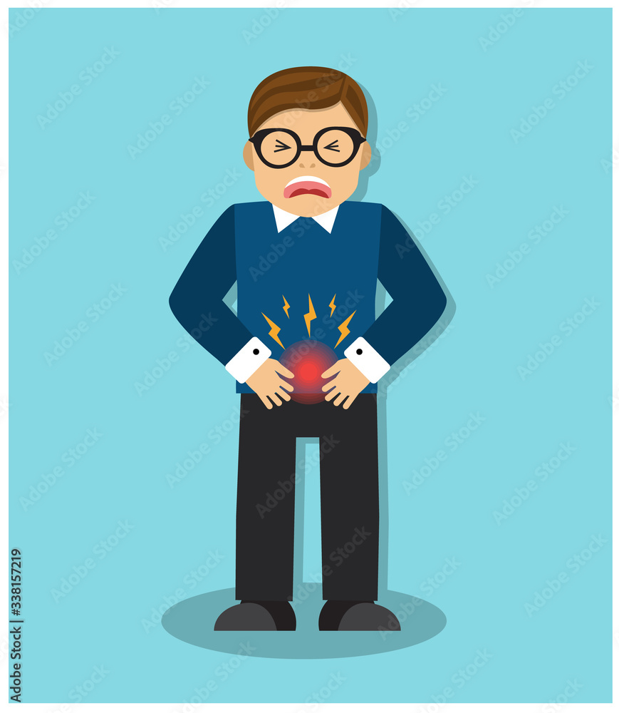A man holds his stomach upset and he feels pain A man holds his stomach upset and he feels pain