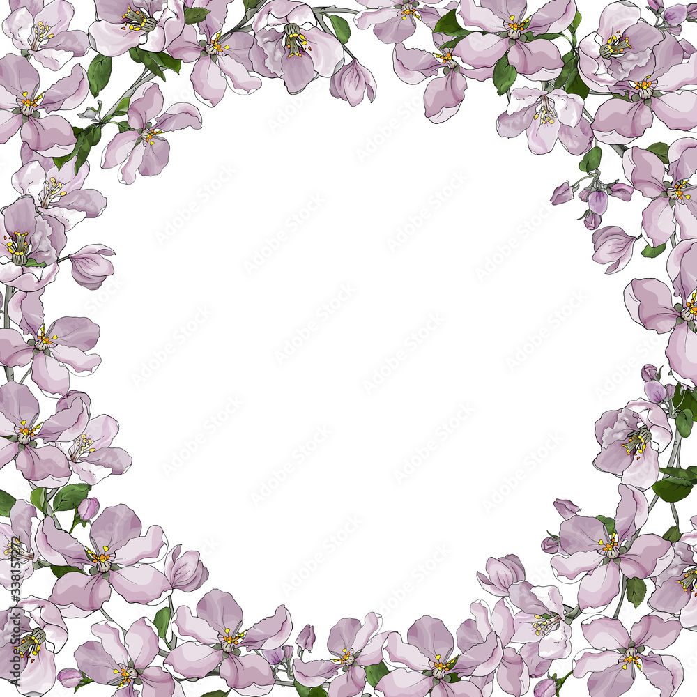 Floral frame with flowers sakura on white background. Hand drawn. Branches with apple or cherry blossom for wedding invitations, greeting cards, web page. Watercolor style. Vector stock illustration. Floral frame with flowers sakura on white background. Hand drawn. Branches with apple or cherry blossom for wedding invitations, greeting cards, web page. Watercolor style. Vector stock illustration.