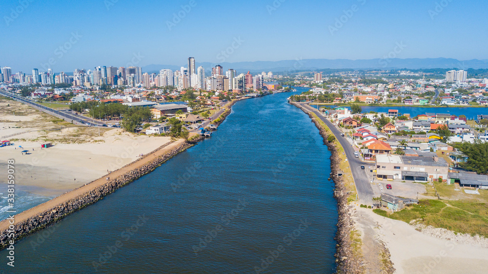 Torres - RS. Aerial view of Mampituba river in Torres, Rio Grande do Sul, Brazil