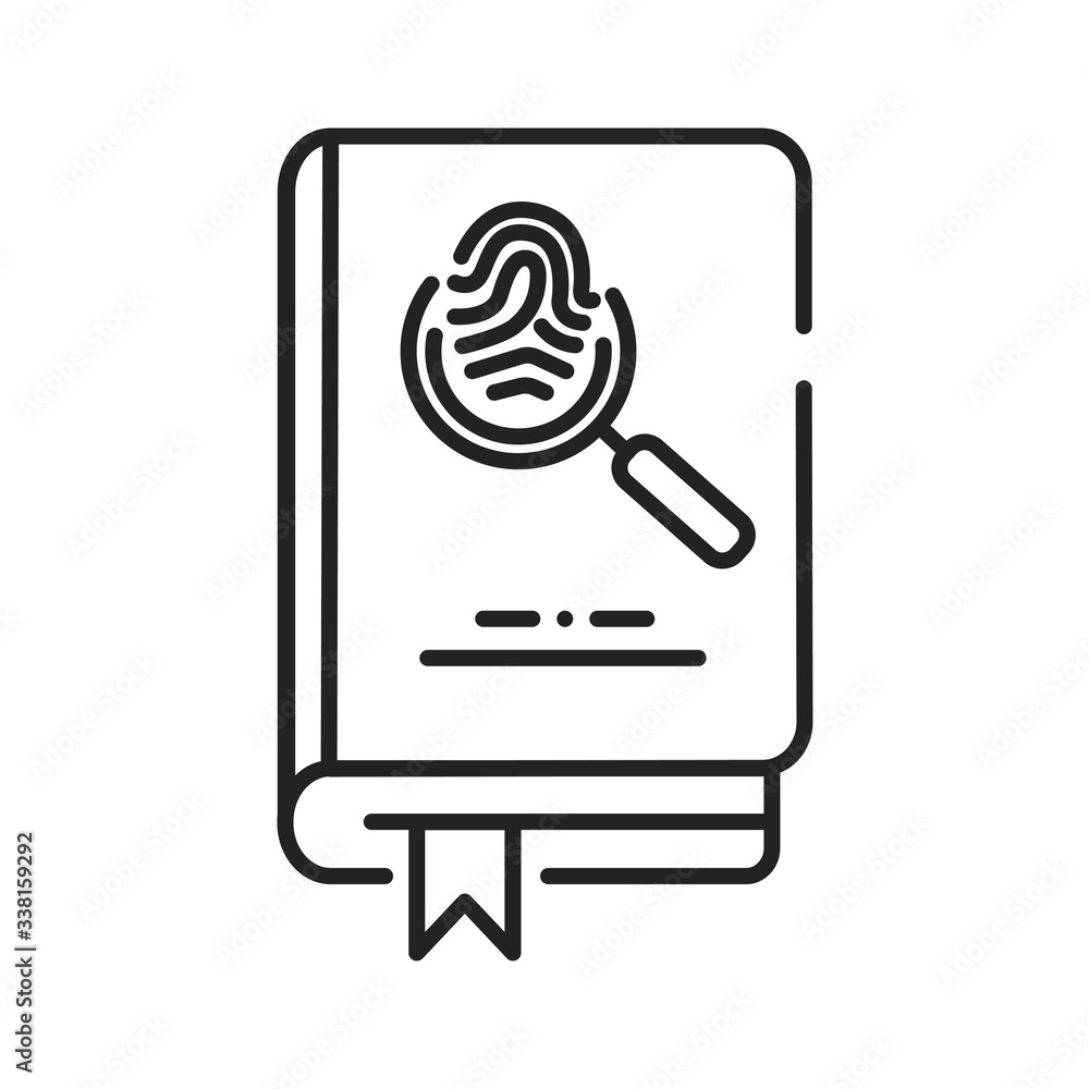 Detective book black line icon. A sub-genre of crime and mystery fiction. An investigator investigates a crime, often murder. Pictogram for web page, mobile app, promo. UI UX GUI design element Detective book black line icon. A sub-genre of crime and mystery fiction. An investigator investigates a crime, often murder. Pictogram for web page, mobile app, promo. UI UX GUI design element