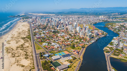Torres - RS. Panoramic aerial view of the city, Torres beach and Mampituba river. Rio Grande do Sul – Brazil