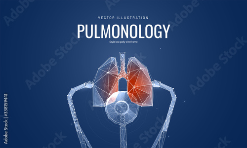 Listen to the lungs with a stethoscope. Low poly wireframe style. Diagnosis and treatment of lung diseases. Polygonal abstract isolated on blue background. Vector illustration