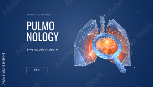 Checking lungs with magnifier to find illness. Low poly wireframe style. Concept of pulmonology and lung ilness. Polygonal abstract creativ isolated on blue background. Vector.