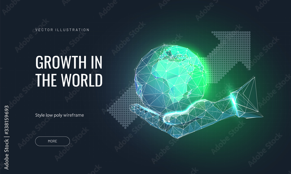 Planet earth on a person's hand and arrow to up. Global growth or world improving concept. Polygonal abstract creativ isolated on dark background. Vector illustration Planet earth on a person's hand and arrow to up. Global growth or world improving concept. Polygonal abstract creativ isolated on dark background. Vector illustration