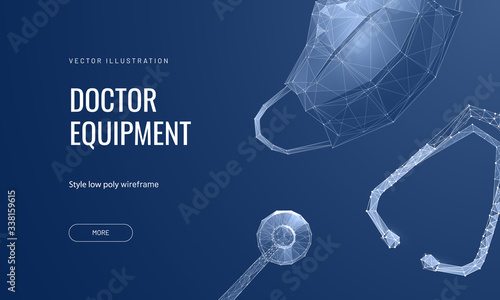 Mask and stethoscope. Low poly wireframe style. Concept of health-care, doctors and medicine. Polygonal abstract isolated on blue background. Vector illustration