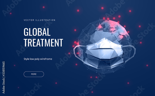 Glasses and mask on planet Earth. The concept of global pollution and the spread of Covid-19 coronavirus . Environmental protection. A futuristic polygon object.