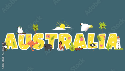 Tourist poster with symbols, animals of Australia
