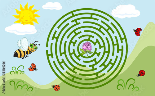 Maze game for children with a bee and a clover flower. Find a way to the flower through this round maze. 