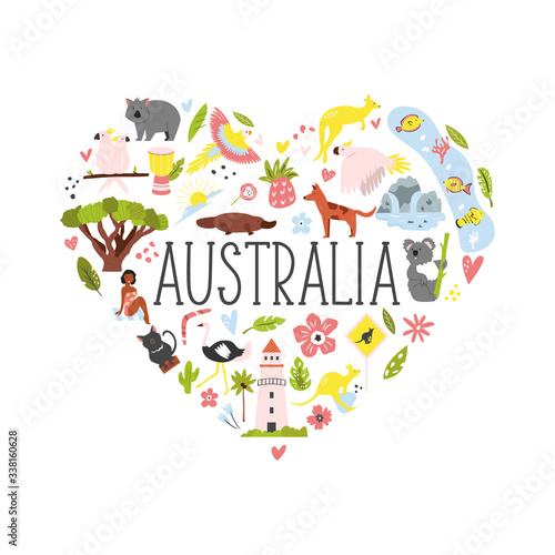 Tourist poster with symbols, animals of Australia