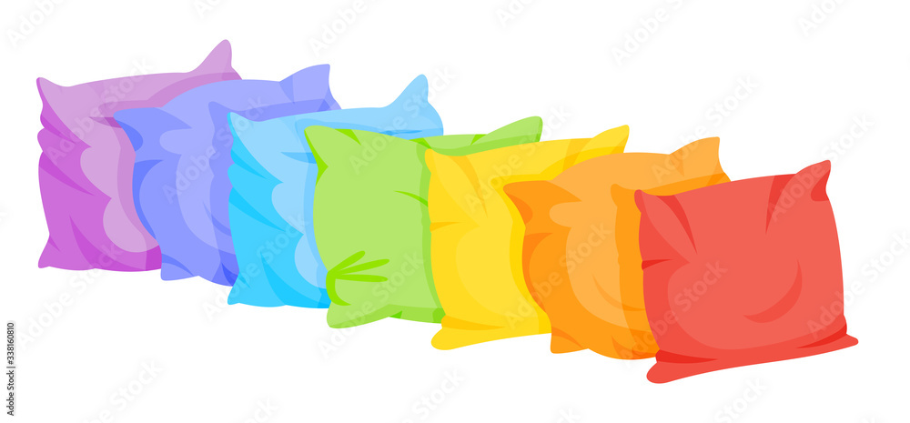 © neliakott - Rainbow pillow flat cartoon set in a row. Home interior textile. Seven color square pillows mockup template. Feather, bamboo eco fabric. Colorful cushion design. Isolated on white vector illustration © neliakott - Rainbow pillow flat cartoon set in a row. Home interior textile. Seven color square pillows mockup template. Feather, bamboo eco fabric. Colorful cushion design. Isolated on white vector illustration