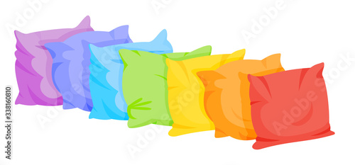 Rainbow pillow flat cartoon set in a row. Home interior textile. Seven color square pillows mockup template. Feather, bamboo eco fabric. Colorful cushion design. Isolated on white vector illustration