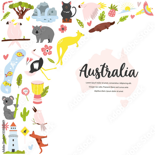 Tourist poster with symbols, animals of Australia