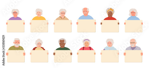 Elderly group old people holding blank banner cartoon set. Older men, women retirement age protesters activists, parade. Different nations representatives elderly people poster. Vector illustration