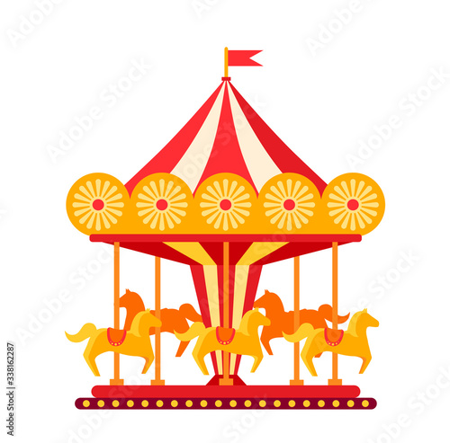Carousel with horses in amusement park flat. Colorful childrens round swing cartoon. Horses traditional fairground vintage carousel. Festivals outdoor summer kid fun time. illustration Isolated vector