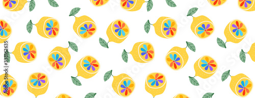 Rainbow lemons seamless pattern. LGBT concept. The pride pattern design. Bright yellow lemons on a soft beige background. Citrus fruit pattern for web banner, card, print design.